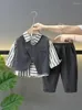 Clothing Sets Spring Winter Fashion Boys Gray Casual Kids Knit Korea Vest Stripe TShirt Pants Children 3Pcs Suits