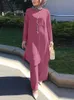 エスニック服ザンゼア女性アーバントラックスーツイスラム教徒の2つのピースセットエレガントな長袖ブラウスワイドレッグパンツ固体ゆるい外出