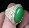 Decorative Figurines 3CM Rare China Miao Silver Green Gems Bat Flower Jewelry Finger Ring