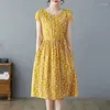 Casual Kleider Floral Plissee A Linie Langes Kleid Frauen Sommer Kurzarm Hohe Taille Chic Knielangen Rock Büro LadyVintage