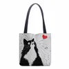 new Lady Tote Bags Black White Cute Cat Printed Fabric Eco Handbag High Capacity Shop Office Reusable Casual Shoulder Bag R9Ze#
