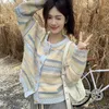 春秋の女性韓国風のゆるいストライプアウトコート汎用性ニットセーターファッションシンコントラストカラーカーディガンアウトウェア240326