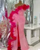 Runway Dresses Feather Pink Glitter Prom One Shoulder Sequins Side Split Evening Dress Custom Made Floor Length Party Gown