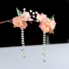 Hårklämmor Barrettes Pink Cotton Flower Hairpins Side Pearl Headpieces Retro Chinese Hair Clips Fringe Jewelry for Women Girls Accessor OTFD7