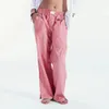 Pantalon Long décontracté pour femmes, coupe ample, taille élastique, large jambe droite, côté légèrement fendu, Plaid avec poches