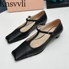Casual Shoes Genuine Leather Women Square Toe T-strap Shallow Mary Jane Female Heels Runway Woman Zapatos Mujer