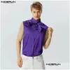 MENS TANK TOPS INCERUN 2024 Men paljetter Shiny Stand Collar Tie Up Fashion Sleeveless Vests Summer Streetwear Party Clothing S-5xl Drop Ot7ni