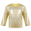 Unisex Kid Boys Girls Shiny Metallic T Shirts Long Sleeve Loose Dance Crop Tops for Stage Performance Party Ballet Top 240318