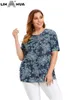 lih HUA Blouse Plus Size Denim Shirt Summer Casual Short Sleeve Belt Fi Print Woven Shirt d44N#