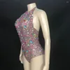 Bühne tragen sexy transparente bunte Strasssteine Bodysuit Frauen Nachtclub Mesh Crystal Leotard Performance Tanzkostüm