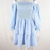 Feestjurken 2024 Zomer Vrouwen Korte Zoete Backless Jurk Ruche Slash Hals Blauw Wit Plaid Elegante Koreaanse Stijl Club Mini