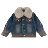 Куртки, осенне-зимняя джинсовая куртка для мальчиков, детская бархатная теплая верхняя одежда, пальто, детская парка, корейская утепленная одежда для детей 6, 8, 10, 12, 14 лет