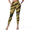 Leggings femininas pele de tigre calças de yoga bolsos listras douradas impressão sexy push up bonito esportes collants de secagem rápida fitness gym leggins