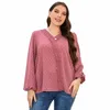 Della Mel Womens Plus Lantern Sleeve Chiff Blouse V-Neck Crochet Stitching Shirds Swiss Dots Pompom Loose Tunic Tops Y81S＃