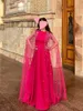 Hot Pink A Line Aftonklänningar med Cape Crystal O Neck golvlängd Kvällsklänning Plus Size Satin Womens Formell special tillfälle klänning