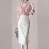 Vestidos de trabalho feminino suave e elegante rosa com decote em v camisa de manga babados 2024 primavera/verão high end saia superior conjunto de duas peças