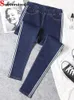 Jeans a vita alta a righe laterali Pantaloni a matita Skinny Donna Big Size 5xl Vaqueros Pantalones alla caviglia Casual Denim Spodnie 240318