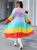 onelink Rainbow Strip Color Lg Sleeve Plus Size Women's Open Cardigan Knee Length Sweater Jacket Oversize Clothing Winter 2022 e7H7#