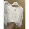 Blusas femininas 2024 primavera outono tripulação pescoço oco para fora moda solta manga longa estilo chinês bordado flor renda chiffon topo