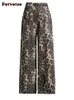 Jeans femininos fotvotee leopardo rasgado para mulheres retro calças de perna larga 2024 primavera verão oversized streetwear denim reto