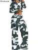 Pantaloni a due pezzi da donna Olivekwok Camouflage Safari Set Camicia a maniche lunghe con bottoni e gamba larga cargo 2024 2 set Tuta da ginnastica