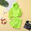 Set di abbigliamento Bambino Bambini Neonate Moda Scava fuori Solido con cappuccio Top Pantaloncini Abiti Set Ricevere coperte con fascia Ragazza