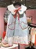 Girls Dress Korean Childrens Summer Style Ruffle Collar Sleeveless Fashionable Love Lace Up Vest Kjol 240325