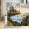 Shower Curtains Autumn Scenery Curtain Country Wooden Bridge Mountain Leaf Forest Landscape Pattern Bathroom Polyester Cloth Set