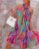 Basic Casual Dresses Women Loose Summer Fashion Mini Dress Abstract Print Slveless Pleated Casual Dress Halter Neck Sexy T240330