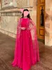 Hot Pink A Line Aftonklänningar med Cape Crystal O Neck golvlängd Kvällsklänning Plus Size Satin Womens Formell special tillfälle klänning