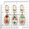 Keychains Lanyards Oval Pressed Real Torked Flower Daisy Pendant Key Chain Metal Plated Rotationable Ring Smycken R231003 Drop Deliv Dhtri