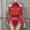 Drag Queen Costumes Rouge Rhinestes Body à franges Femmes Gogo Dance Rave Outfit Dj Ds Stage Jazz Vêtements Clubwear XS7483 K3ke #