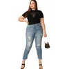 Plusowe krótkie rękawie Summer Seksowna bluzka Top Women O-Neck Mesh Panel Czarny Solid Sheer Basic T-shirt żeńska TEE TEE 5xl R0XP#