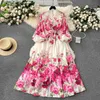 Basic Casual Jurken Elegante Prachtige Bloemen Boheemse Jurk Lente Dames Stand Lange Lantaarn Slve Bloemenprint Riem Linnen Lange Vestidos Kleding 6235 T240330