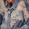 Chique diamante-cravejado denim jaqueta solta renda malha costura lantejoulas bomber jeans casaco oco frisado cardigan fino topos chaqueta 240321