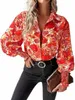 women's Casual Blouse, Plus Size Floral Print Butt Up Lantern Sleeve Turn Down Collar Blouse F7LW#