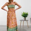 Casual Dresses Loose Fit Ethnic Dress Style Maxi With Shirring Patchwork Detailing For Women A-line Hem Vacation Sundress