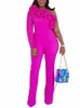 Tute fucsia da donna Tute alla moda con volant Una spalla Plus Size Tuta da sera Party Club Elegante tuta da donna Outfit 4XL U0pc #