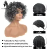 Parrucche Alororo 12 pollici Parrucca corta Parrucche afro soffici ricci per donne nere Parrucca sintetica di colore misto grigio nero con frangia Usata quotidianamente