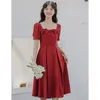 Party Dresses 2024 Summer Fashion Vintage Elegant Dress Women French Retro Bow Wine Red Short Sleeve Temperament Long Korean Chic