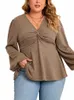 gibsie Plus Size Casual V Neck Twist Frt Peplum Top Women Fi 2023 Autumn New Vintage Full Lantern Sleeve Tunic Blouse 29uW#