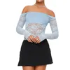 Women's Blouses Women Off Shoulder Lace Crop Tops See Through Flower Embroidery Shirt Female Long Sleeve Slim Y2k Aesthetic Tee