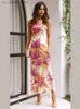 Grundläggande casual klänningar från axel satin blommor tryckt maxi klänning lady elegant stor rygglös slanglös vestidos kvinnor casual semester party robes t240330