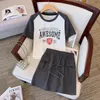 plus Size Women Y2K Suit Letter Print T Shirt Top And Sexy Skirt Two Piece Set Matching Outfit Female Street Casual Clothing U1k0#