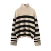 Kvinnors tröjor Kvinnor Turtleneck Casual Striped Print Långärmad tröja VARM BASIC KNIT TRIEATER FÖR Fall Streetwear