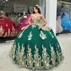 Green Vestidos de Anos Quinceanera klänning 2024 pärlor paljetter guld applique spets diamanter mexi klänning för 15 års födelsedag