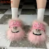 Casual Schoenen Ronde Neus Punk Stijl Vrouwen Persoonlijkheid Roze Zwart Bont Slippers Dikke Bodem Gesp Mode Sexy