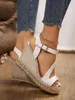 One word buckle lady slope heel platform sandal style strawwoven highheeled muffin Roman shoes European and n 240328