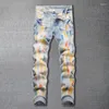 Men's Jeans Men Color Paint Spraying Printed America Streetwear Slim Pencil Pants Zipper Stretch Denim Trousers Fit