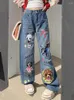 Женские джинсы Aoaiiiys, синие женские джинсовые брюки Y2k с собачьим узором, модная уличная одежда с высокой талией, широкая прямая швабра